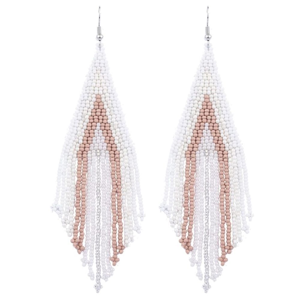 White Bohemian Seed Bead Tassel Dangling Statement French Wire Hook Earrings
